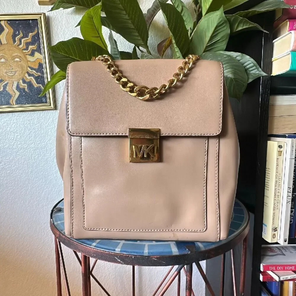 Michael Kors tan MK Backpack Gold chain